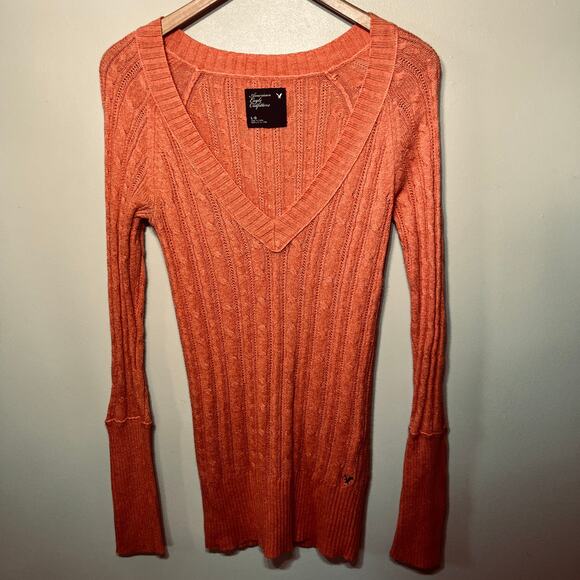 American Eagle Sweater Y2K Academia Peach Deep V Neck Long Sleeve Ribbed Knit L - Picture 1 of 6